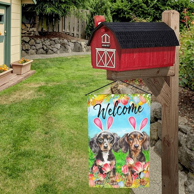 Dachshund Dog Bunny Cute Flower Happy Easter Garden Flag Welcome Party Outdoor Outside Decorations Picks Home House Garden Yard Decor 12x18 Inch