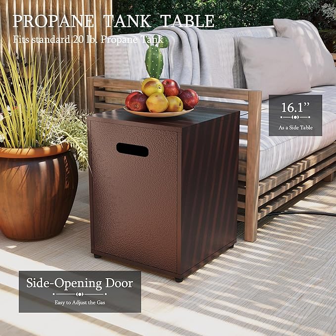 UPHA 42-inch Outdoor Propane Gas Fire Pit Table 50000 BTU Iron Round Firepit for Outside Patio with Tank Hidden Table, Wind Guard, Removable Lid, Blue Glass Rocks, Rain Cover, Brown