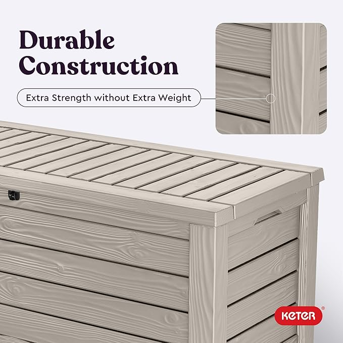 Keter Westwood 150 Gallon Resin Large Outdoor Storage Box for Patio Furniture, Outdoor Cushions, Garden Tools and Pool Floats, Beige