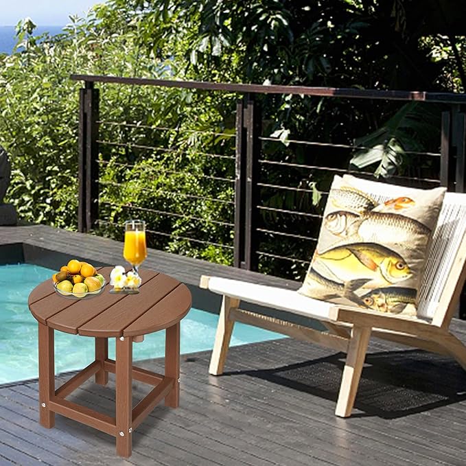 LZRS Round Adirondack Patio Side Table End Table, Outdoor Side Tables for Patio, Backyard,Pool, Indoor Companion, Easy Maintenance & Weather Resistant(Brown)