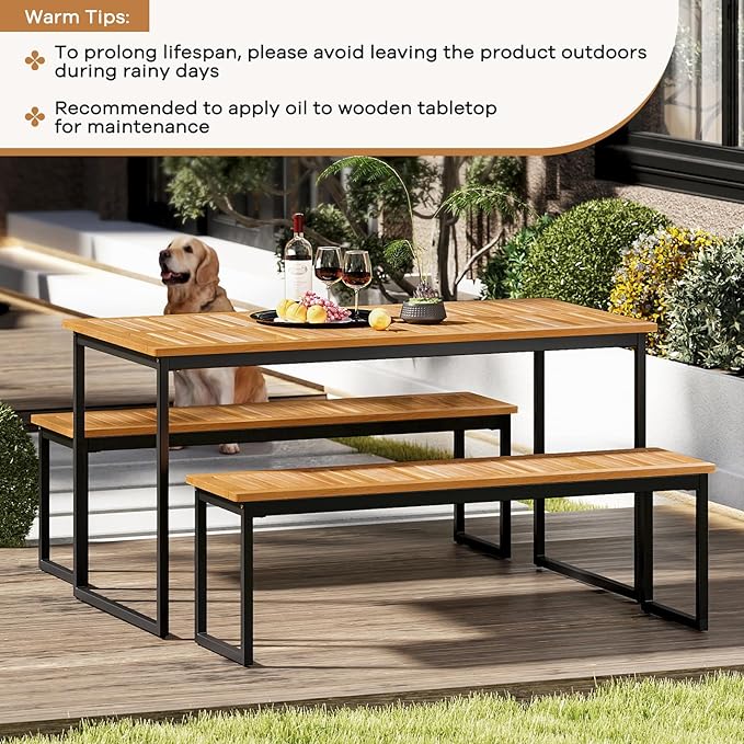 Tangkula 3 Pieces Outdoor Dining Set for 6 People, 55 inch Rectangle Patio Table & 2 Benches with Acacia Wood Tabletop, Metal Frame & Umbrella Hole, Dining Furniture for Yard, Garden, Poolside