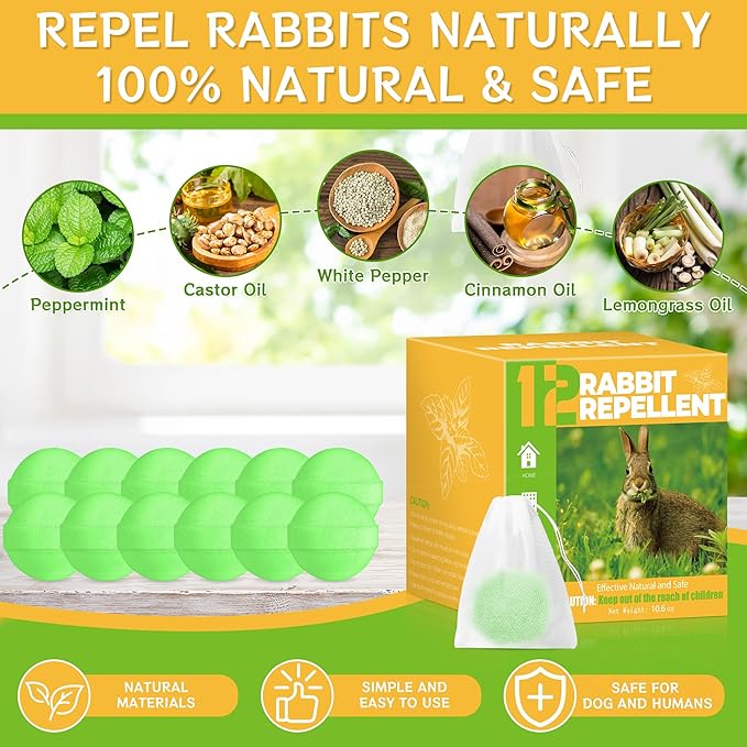 Rabbit Repellent Balls – 12 Pack Natural Deer and Rabbit Repellent for Garden and Yard, Long-Lasting Outdoor Rabbit Deterrent, Safe for Pets and Kids, Plant-Based