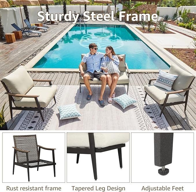 NATURAL EXPRESSIONS 3 Pieces Patio Furniture Set, Outdoor Furniture Sofa Sectional Modern Metal Patio Conversation Set with High Back Wicker Backrest & Loveseat for Balcony, Backyard, Deck, Porch