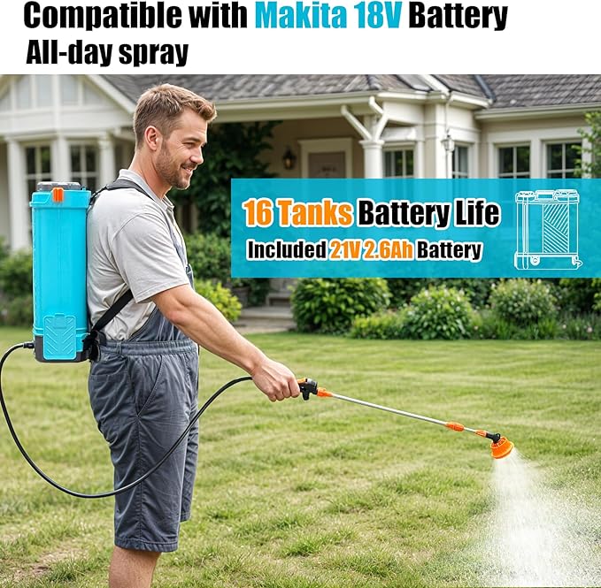Battery Powered Backpack Sprayer 4 Gallon, 0-100 PSI Adjustable Pressure Sprayer Compatible with Makita 18V Battery, Electric Sprayer with Wand, 5 Nozzles, 2.6Ah Battery&Charger Included