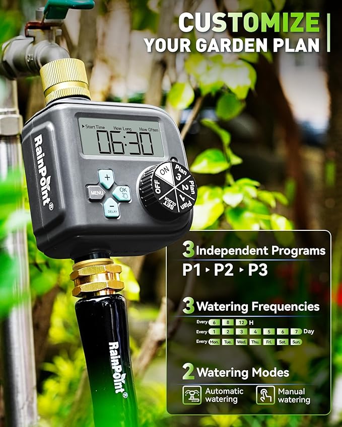 RAINPOINT Sprinkler Timer with Brass Inlet and Outlet - 2025 Upgraded Digital Hose Timer Featuring 3 Programs, Rain Delay, Manual, and Automatic Watering System for Garden and Yard Irrigation