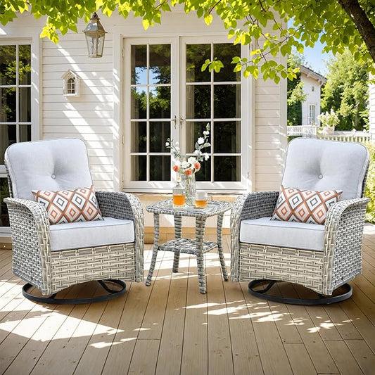 HOOOWOOO Outdoor Patio Bistro Set,3 Pieces Wicker Out Door Swivel Rocking Chair with Matching Side Table,Patio Furniture Sets,Light Gray