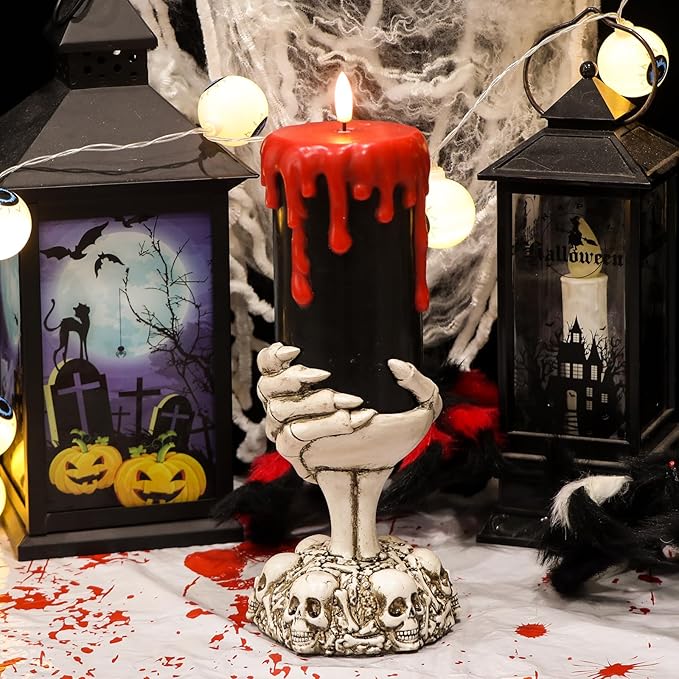 Eldnacele Halloween Flickering Flameless Candles Ghost Hand Candlesticks with Timer,Battery Operated with Red Blood Dripping 3D Wick Black Wax LED Pillar Candles Table Centerpiece Decor(4×11 Inches)