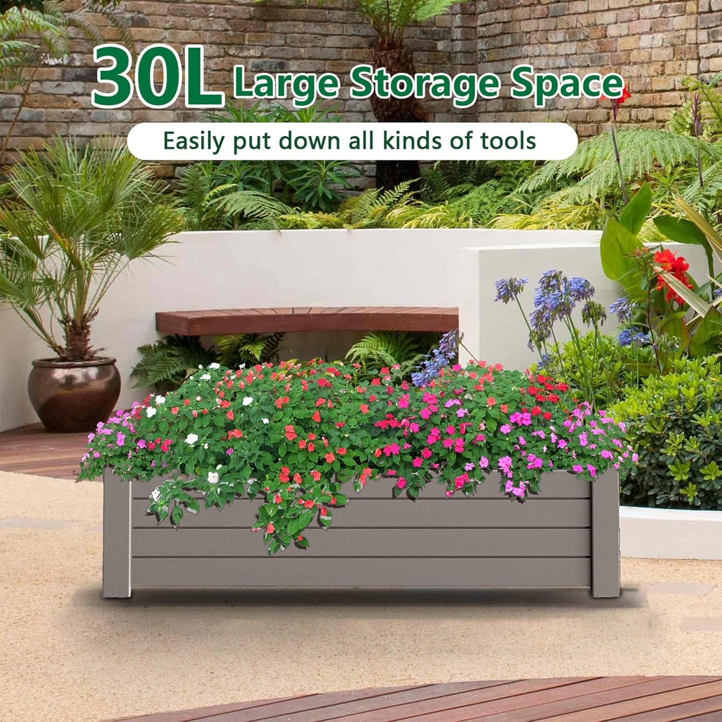 Elevated Raised Garden Bed,Outdoor Large Resin Patio Planter Box Stand Divisible with Drain Plug,Water Monitor for Plants Vegetables Flowers Fruits(Grey)