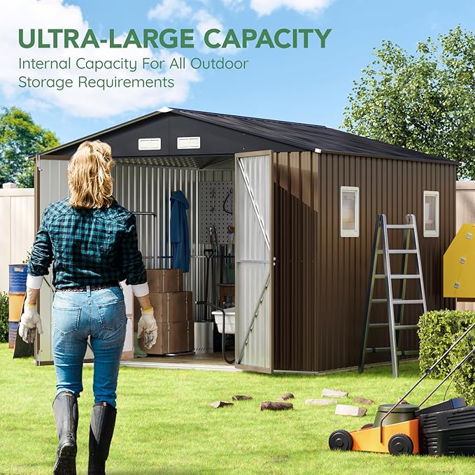 10X10X7.5 FT Outdoor Steel Storage Shed with Lockable Doors, 2 Windows, Frame Floor (No Wood/Other Boards), Ideal for Garden, Backyard, Patio Storage,Brown