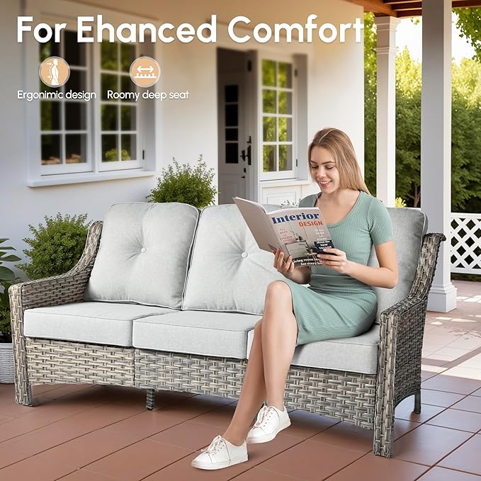 8 Pieces Patio Outdoor Furniture Set with Swivel Rocking Chairs,All Weather Wicker Rattan Patio Seating Sofa and Chair Set w/Ottoman,Outdoor Conversation Sets for Deck Yard Garden,Grey