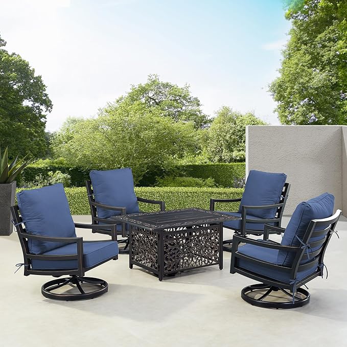 Oakland Living Black Aluminum Patio Fire Table Set with Four Club Chairs with Blue Cushions