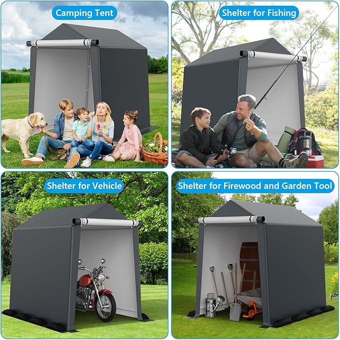 6x8FT Outdoor Storage Shelter Carport, Portable Shelter Heavy Duty Storage Shed Carport with Roll-up Zipper Door for Bike, Motorcycle, Garden Storage, Waterproof and UV Resistant, Gray