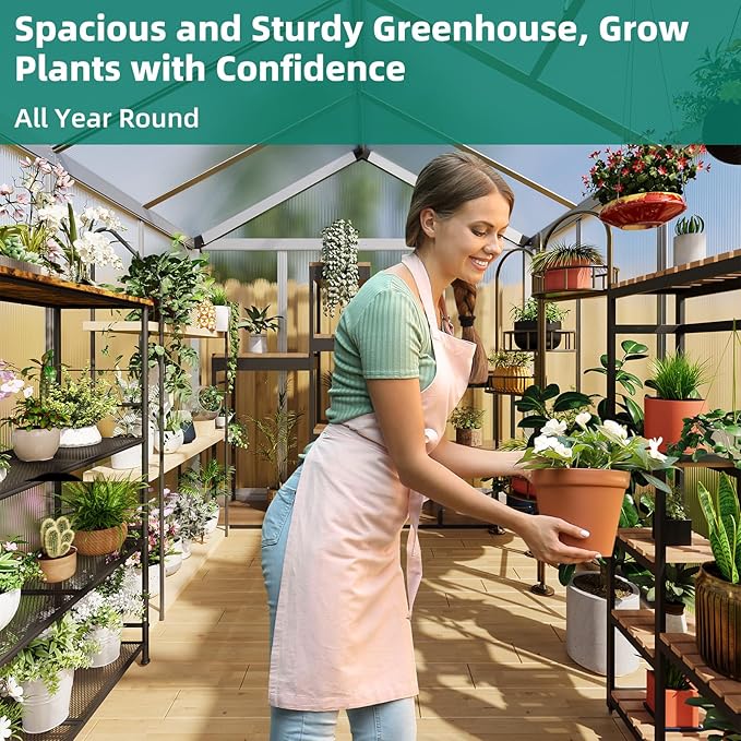 6x8 FT Greenhouse, Large Aluminum Greenhouses for Outdoors, Heavy Duty Polycarbonate Greenhouse with Roof Vent, Walk-in Green Houses for Winter Garden, Backyard, Patio, Lawn, Easy Assembly