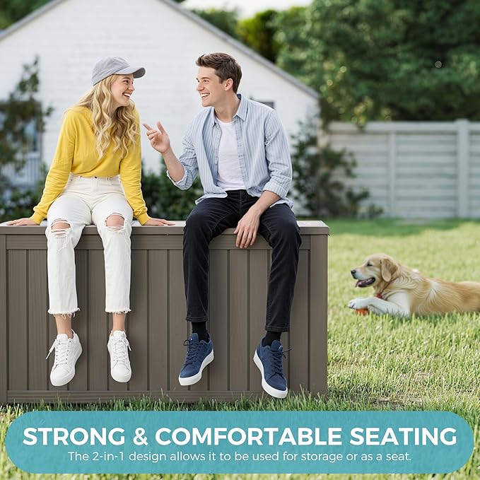 150 Gallon Resin Deck Boxes Waterproof, Outdoor Storage Box Lockable Lid for Delivery Box, Indoor, Garden Tools, Pool Supplies, Patio, Grey