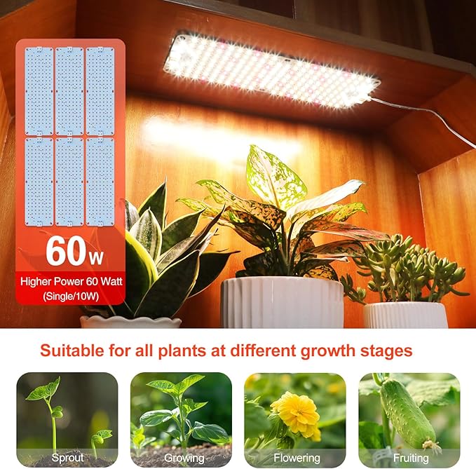 FECiDA 6Pack Grow Lights for Seed Starting, 2025 60W Flat Grow Light Panels for Shelves, Under Cabinet/Counter, Greenhouse, Indoor Plants, 4,8,12 Hr Timer, Free Linking