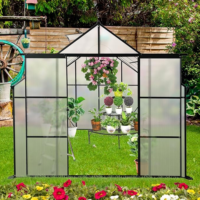 8X8 FT Greenhouses for Outdoors,Polycarbonate Greenhouse, Aluminum Heavy Duty Walk-in Green Houses, Adjustable Roof, Raised Base and Double Sliding Door for Outside Backyard, Black