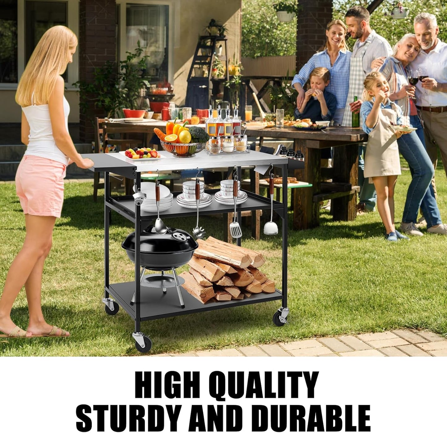 Outdoor Pizza Oven Table,Three-Shelf Outdoor Table with Waterproof Cover, Pizza Oven Stand Tables with Wheels, Movable Outdoor Grill Food Prep Heavy Duty Grill Cart