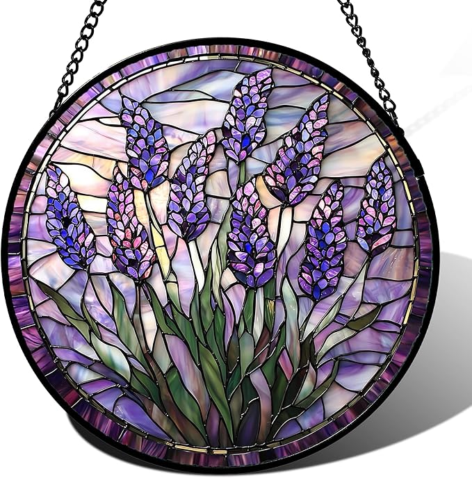 Stained Glass Window Hanging - Purple Flowers Suncatcher for Door Terrace Garden Home Decor Lavender Plant Floral Sun Catcher Birthday Gifts for Lovers Women Men Dad Mom Nana 7.8 in