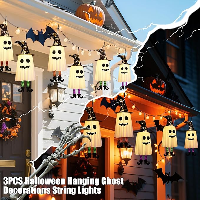 3 Packs Halloween Hanging Ghosts Decorations Outdoor Indoor, Spooky Glowing Ghost Witch Hat Striped Stockings High Heels String Lights 3 Modes Patio Yard Front Porch Tree Party(Contains 18 Batteries)