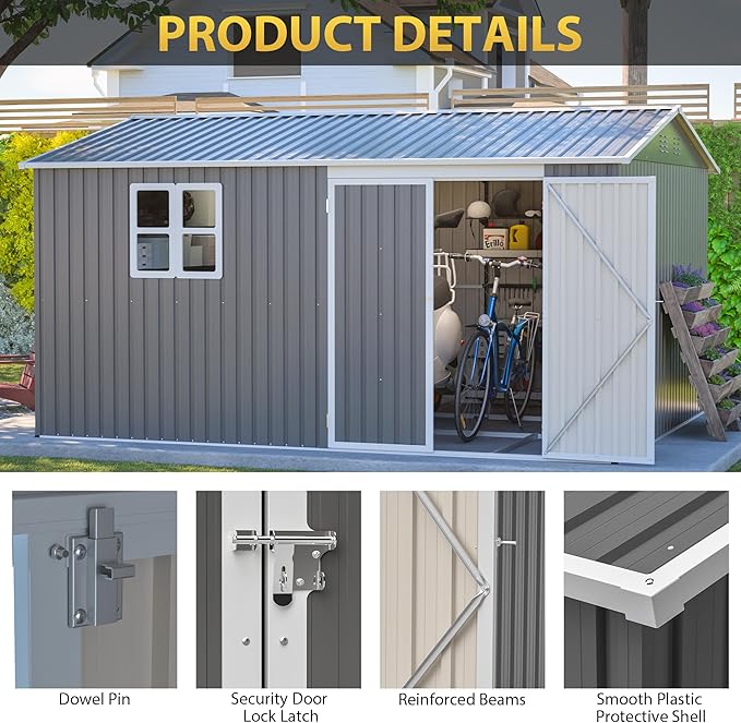 12x10 FT Outdoor Storage Shed with Floor Frame & Window, Heavy Duty Metal Garden Tool Shed with Double Lockable Doors, Waterproof Backyard Utility Shed for Bikes, Lawn Mowers, Tools, Equipment