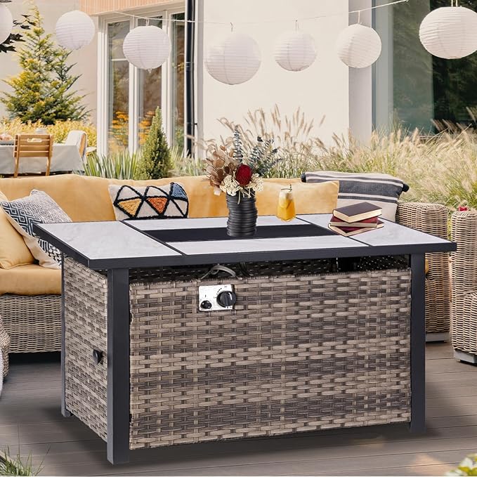 47" Propane Fire Pit Table with Real Ceramic Tabletop & Ratten Side Panel, 50000 BTU Gas Firepit Table with Lid & Glass Rock, Outdoor Fire Pit for Dining or Party, Firepit for Outside, Patio