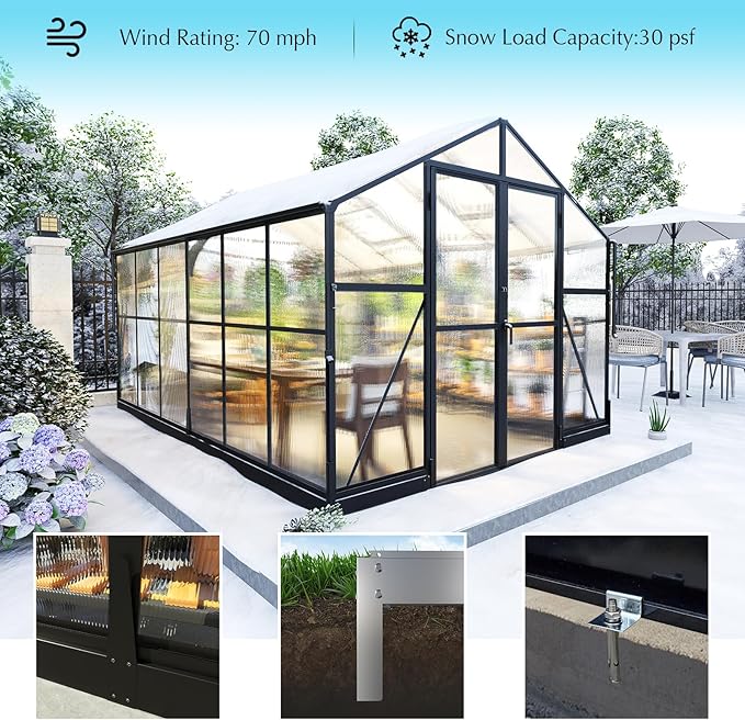 AMERLIFE 8x12x7FT Polycarbonate Greenhouse, Walk in Greenhouse with Quick-Connect System, Green House with 4 Vent Windows and Swing Lockable Door, Greenhouses for Outdoors, Sunroom Black