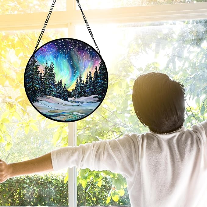 Stained Glass Window Hanging, Aurora Landscape Sun Catchers Glass Panel Green Trees Suncatcher Decor for Birthday for Women, Men, Wife, Aunt, and Mom 11.8x11.8 in