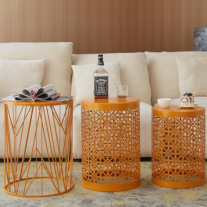 Y&M Set of 3 Stacking Coffee Table for Living Room, Patio Side Table, Indoor End Tables for Bedroom, Outdoor Decorative Garden Stool with Heavy Duty Metal Frame Modern Industrial Decor - Orange