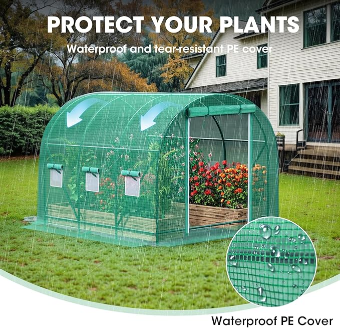 Grezone Walk-in Greenhouse Upgraded Green House with Dual Zippered Screen Doors & 6 Screen Windows Heavy Duty Plastic Plant Warm House with Reinforced Frame (10x7x7 FT)