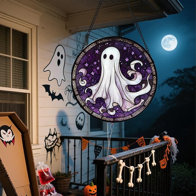 Stained Glass Window Hanging - Halloween Decorations White Ghost Purple Stars Suncatcher for Doors Garden Spooky Funny Sun Catchers Gothic Decor Horror Gifts for Women Men Friend 11.8 in