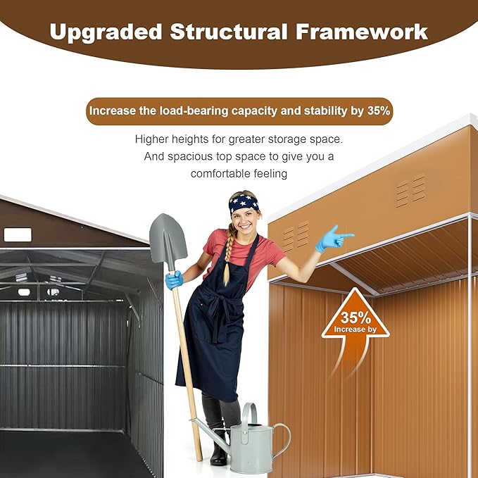 8x4 FT Outdoor Steel Storage Shed with Clear Windows, Outswing Lockable Door & Ventilation, Brown and White Weather-Resistant Metal Tool Shed for Garden, Backyard, Lawn, and Utility Storage