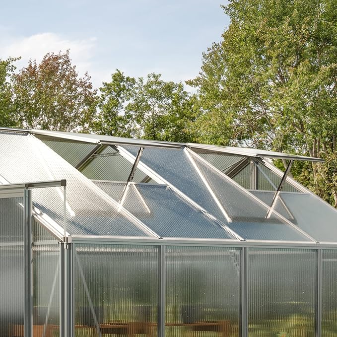 Greenhouse Saphir 3 Aluminum Frame 8.5 x 6.4 ft Approx. 6 mm Polycarbonate Panels - with Bonus Base Frame and Automatic Vent Opener