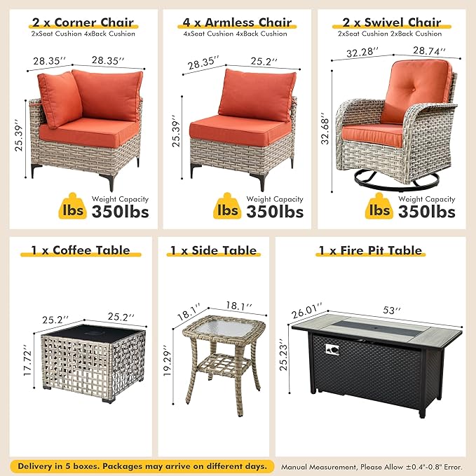 Outdoor Sectional Patio Furniture Set with Fire Pit Table and Swivel Rocking Chairs,11 Pieces Wicker Conversation Sets L Shaped Couch Out Door Sofa Outside Furniture for Garden Deck Yard,Red