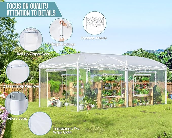 Specraft 19.2×10×8.5 FT Upgraded Pop-up Greenhouses with Adjustable Reinforced Frame, Outdoors Portable Walk in Greenhouse with 2 Roll-up Zipper Door & Mesh Windows, PE Cover, White