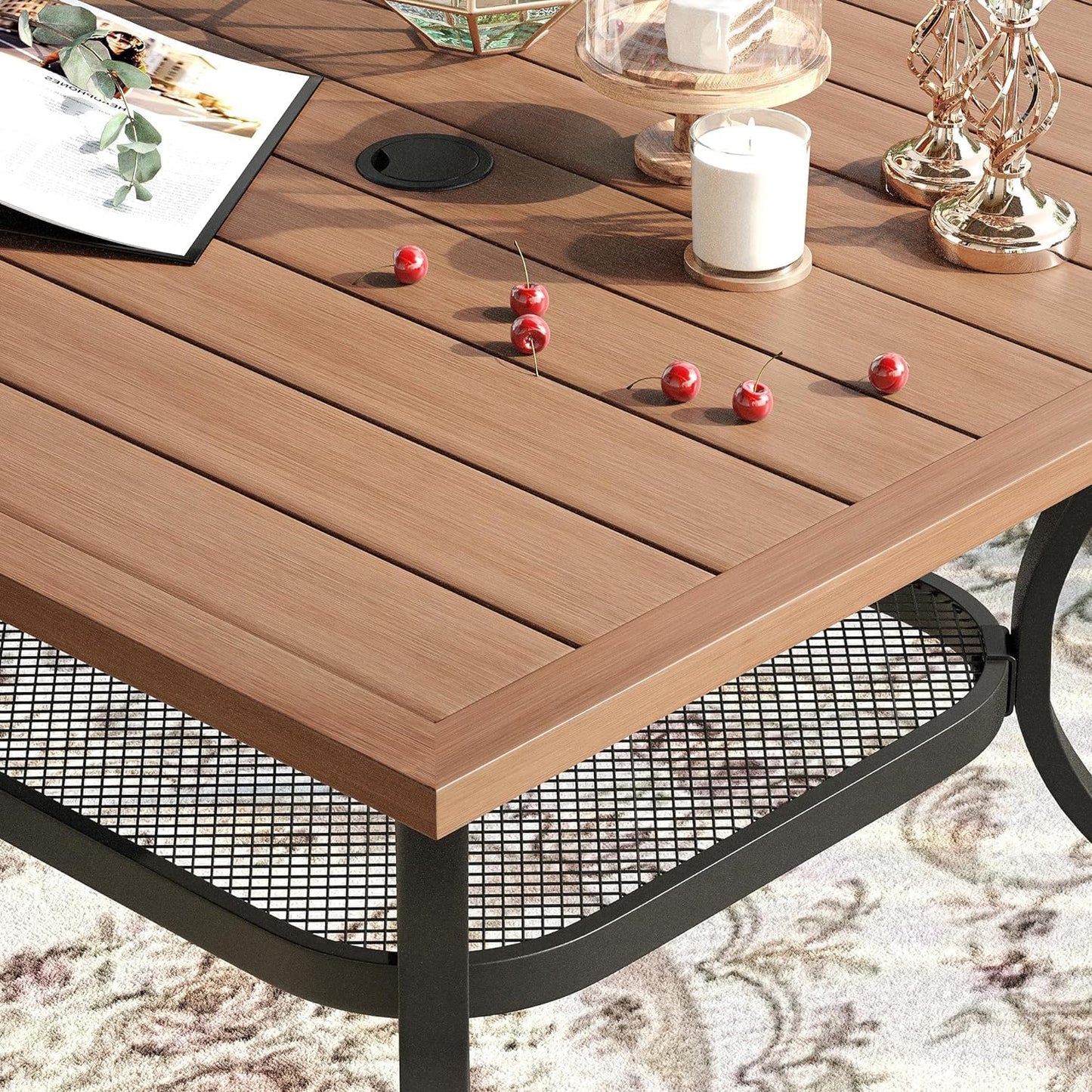 VICLLAX 5 Pieces Patio Dining Set, Outdoor Furniture Set Includes 37.8" Square Outdoor Table and 4 Stackable Patio Sling Chairs, Walnut Tabletop and Brown Fabric