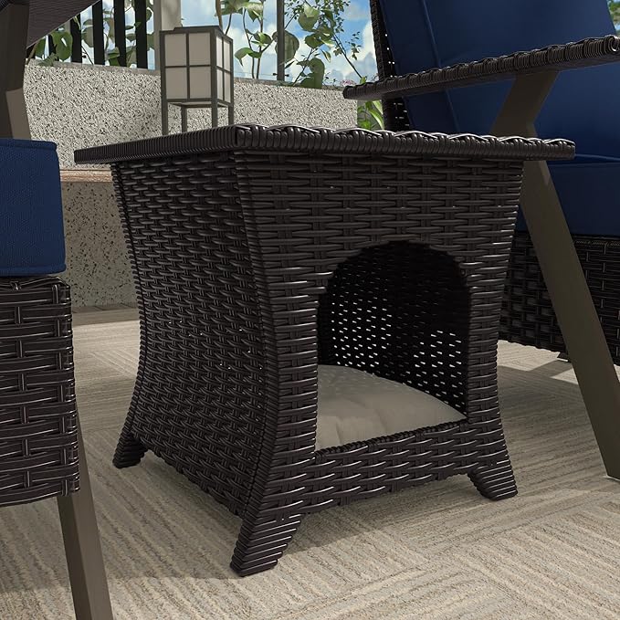 Vista Vibe Patio Wicker Side Table, All-Weather Rattan Furniture, 2 in 1 End Table & Pet Nest for Porch, Sunroom, Garden （Beige）