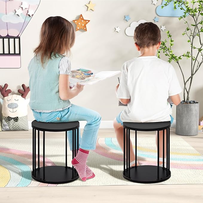 HDANI Wooden Stool Set of 2 for Kids,Adults,300lbs Load Capacity Garden Round Wood Stool,Non-Slip Small Step Stool for Plant Stand,Kitchen,Bathroom and Bedroom,Black