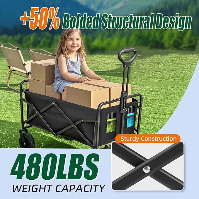 Collapsible Wagon Cart Foldable 37" L 480lbs Capacity, Heavy Duty Beach Wagon, Shopping Carts with Wheels for Grocery, Camping, Shopping, Beach, Fishing, Garden Cart