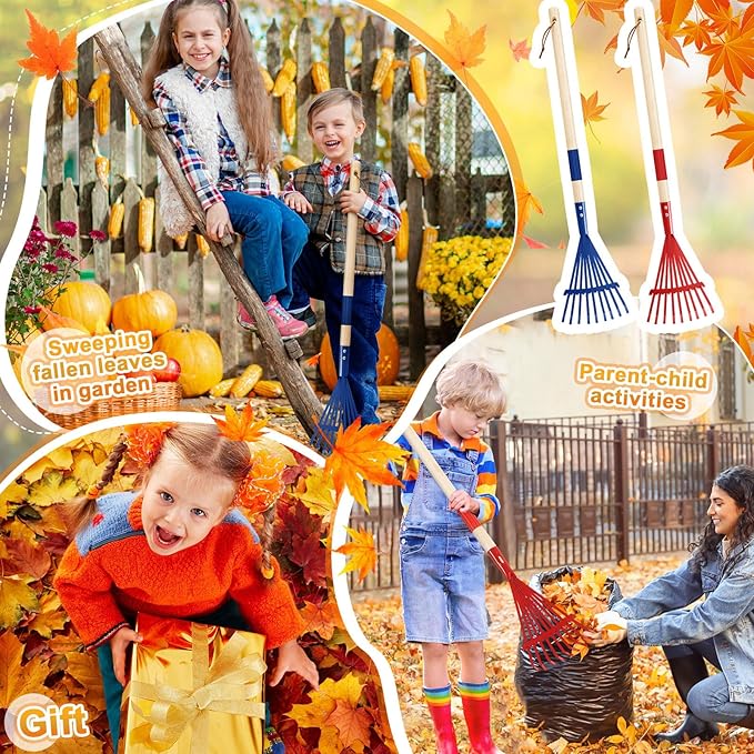 Suclain 2 Pcs Kids Rakes with Hardwood Handle Small Rake Child Size for Gardening Kids Yard Tools Multicolor 28'' Mini Rake for Leaves Lightweight for Children Garden Leaf Tools