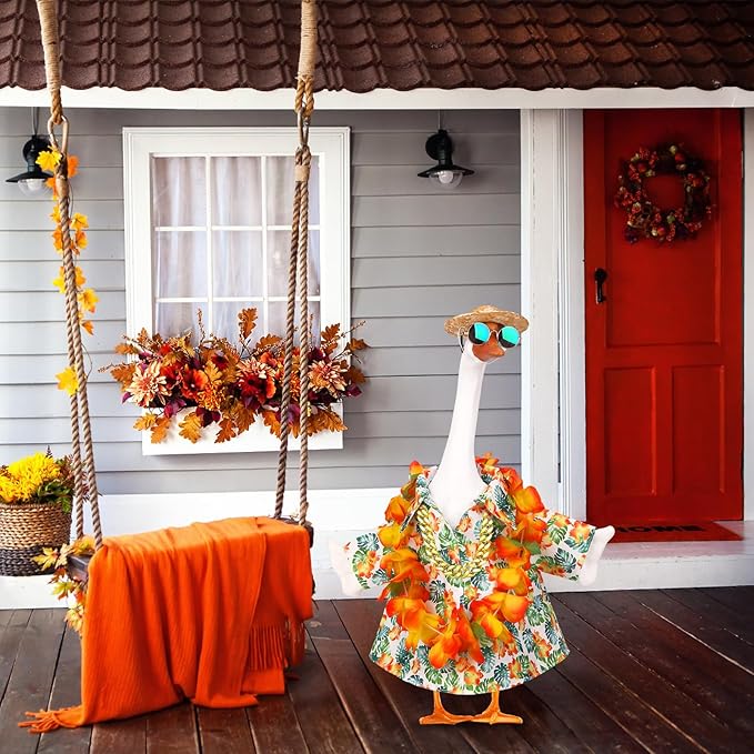 5Pcs Porch Goose Outfits Summer Hawaiian 23" Yard Garden Lawn Goose Clothes with Wreath Straw Hat Glasses Necklace Funny Porch Goose costume Set for 23" Plastic Cement Goose Statue Outdoor Decoration