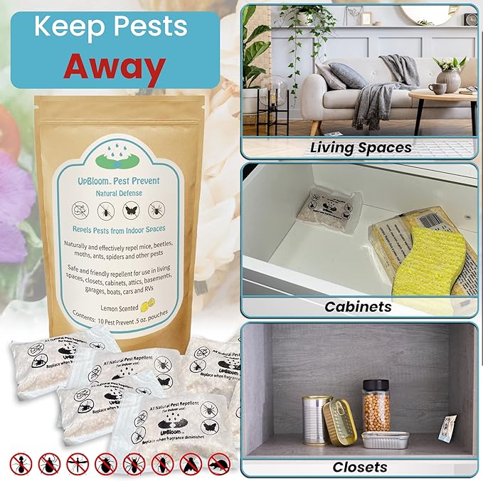 UpBloom - Pest Prevent All-Natural Repellents Home and Garage Defense from Mouse, Spider, Roaches, and Insects 10 Pest Control and Repeller Pouches