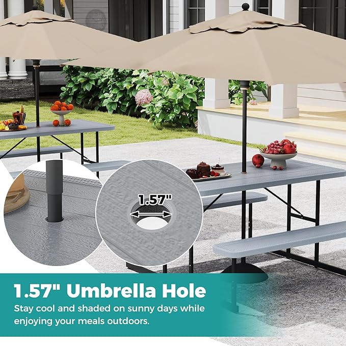 Giantex Picnic Table Bench Set for 4 People, 4.5FT Outdoor Rectangular Dining Table & 2 Benches w/Umbrella Hole, HDPE Tabletop, Metal Frame, Patio Garden Backyard Poolside (4.5FT,Non-Foldable,Gray)