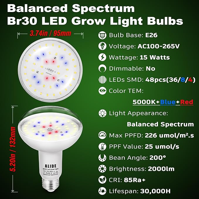 Full Spectrum BR30 Led Plant Grow Light Bulbs 15W 2000lm,E26 BR30 Floodlight Sun Plant Growing Lamp,200 Watt Equivalent,Balanced Spectrum 5000K Red Blue for Seeds Greens,Indore Garden, Hydroponic,2pcs