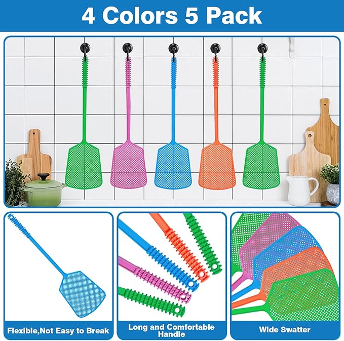 Wapodeai 5 Pack Fly Swatter, Plastic Heavy Duty Manual Fly Killer, Long Handle Flyswatter, Large Bug Swatters, Work for Indoor and Outdoor, Blue Green Pink Orange