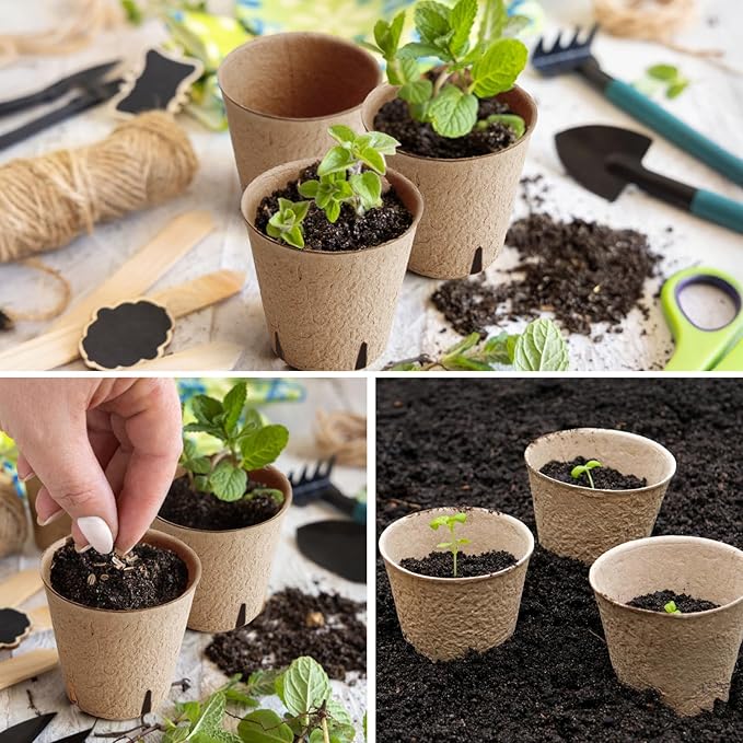 130 Pcs 3.15 Inch Peat Pots,Seed Starting Pots with Drainage Holes Round Plant Seedling Pot,Garden Germination Nursery Pot wit 30 Plant Labels, 2 Transplant Tools.