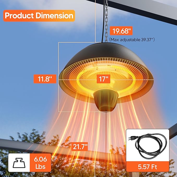 Electric Outdoor Heater, 1500W Hanging Ceiling Mounted Infrared Patio Heater for Outdoor Use, Waterproof Electric Heater for Porch, Balcony, Garage, Adjustable Height, Black