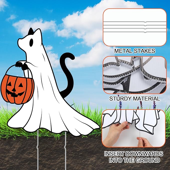 Nuanchu 7 Pcs Halloween Yard Outdoor Decorations Ghost Cat Yard Signs Corrugated Plastic Ghost Cat Pumpkin Lawn Sign with Stakes Waterproof Halloween Garden Stakes for Outside Scary Spooky Decor