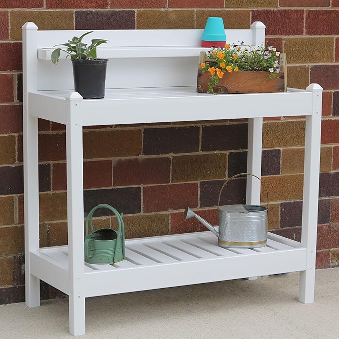DuraTrel Greenfield PVC Vinyl Indoor Outdoor Table Potting Bench Station with Shelf for Plant Accessories & Gardening Supplies Storage, White