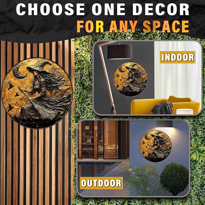 PEACHGARDEN Round 2D Halloween Witch Broom Vintage Sign Halloween Witch Metal Tin Sign for Home Bar Kitchen Hotel Dining Room Coffee 12x12inch