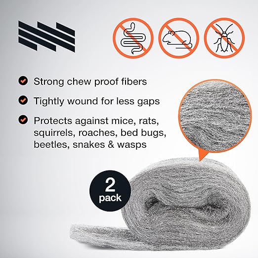 MaPorch Stainless Steel Wool Mouse Hole Filler - 2-Pack, 3.2 in x 7.5 ft - Flexible Gap Filler & Rodent Defense - for Weep Hole & Brick Wall Seals